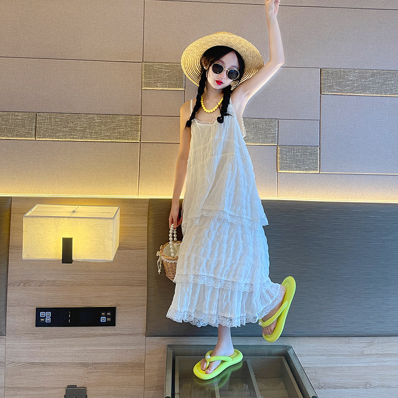 现货儿童吊带裙女春秋2023新款女童洋派沙滩裙女大童夏.装公主裙