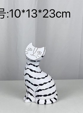 现代简约手绘轻奢黑白条纹猫树脂猫摆件样板房售楼处软装品汤圆猫