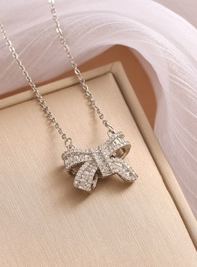 不掉色钛钢项链韩国小众设计微z镶蝴蝶结吊坠高级气质女款锁骨项