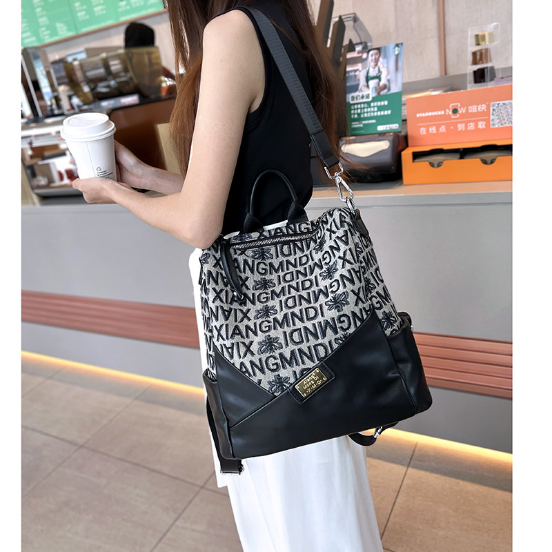 高级感小众双肩包女2023新款帆布印花背包时尚百搭大容量单肩包潮