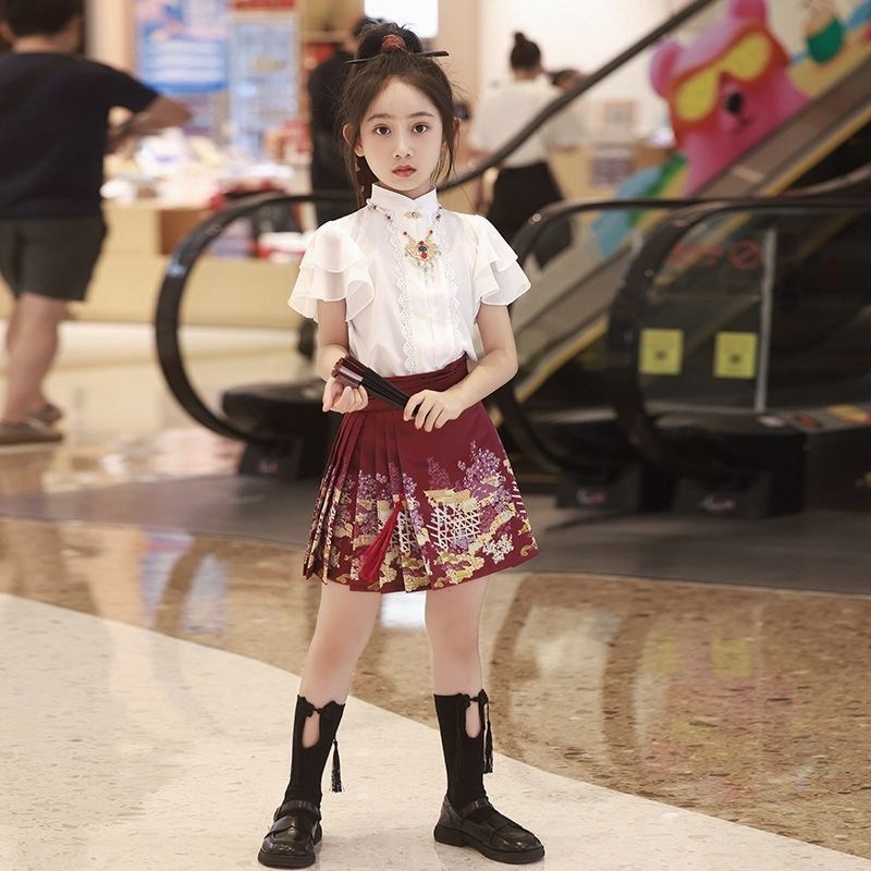 马面裙女童夏季短袖套装中国风夏天童装半身裙儿童汉服短款连衣裙