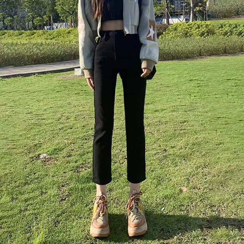 黑色直筒牛仔裤女2024年夏季薄款高腰显瘦八九分爆款小个子烟管裤