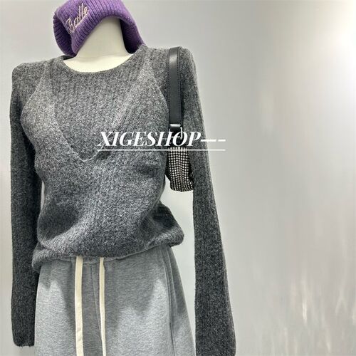 韩系假两件套头毛衣女外穿秋冬新款设计感短N款气质针织上衣打底