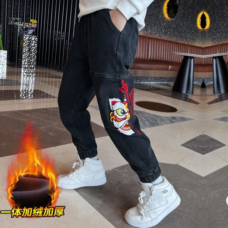 男童裤子秋冬款202o2新款冬装儿童牛仔加绒加厚大童冬季一体绒长