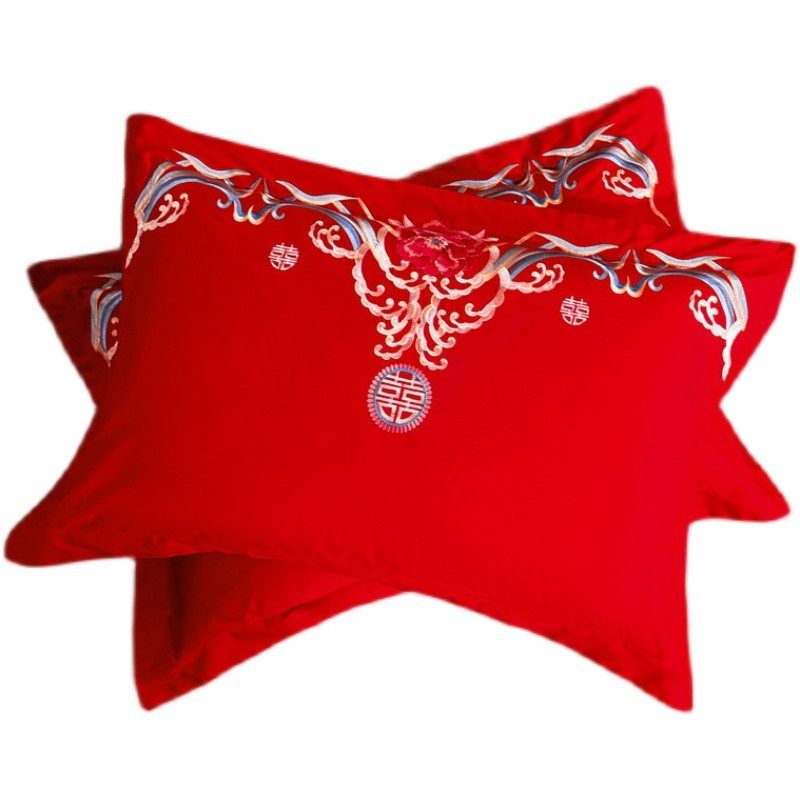 婚庆枕套一对装全棉枕头套单人枕大红刺绣加厚结婚新房陪嫁礼