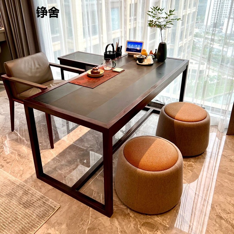新中式阳台茶桌椅组合小型家A用实木功夫泡茶乌金石面喝茶桌