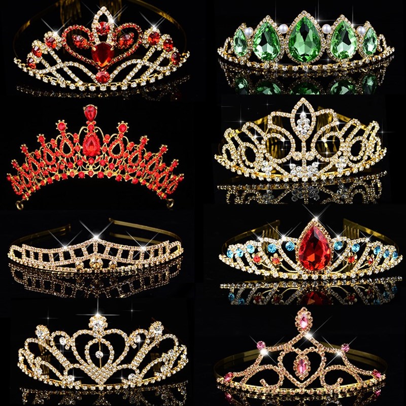 新品Big Queen Princess Crown Diadem Green Red Rhinestone Hea