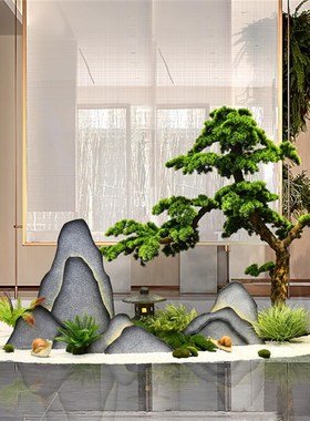 新中式玻璃钢雪浪石带灯枯木假山橱窗楼梯花园造景装饰品落地摆件