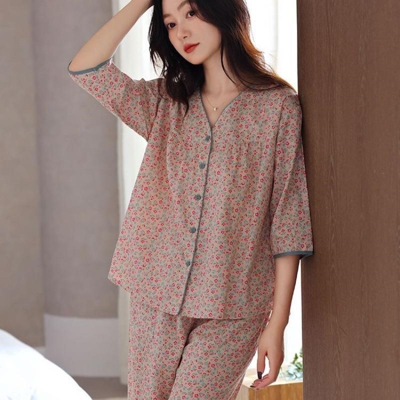 睡衣女款春夏季七分袖田A园风可外穿大码家居服套装