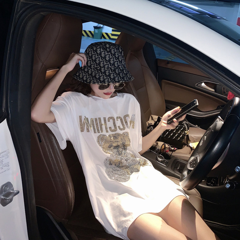 潮牌2022新款夏季短袖t恤女韩版中长款宽松重工烫钻小熊大码上衣