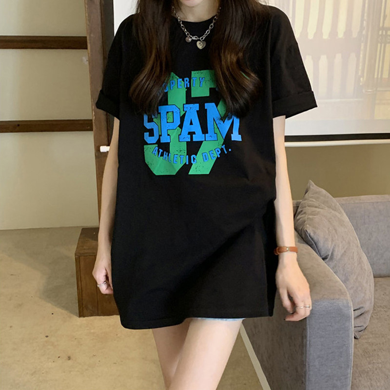 潮牌黑色宽松大版印花短袖t恤女2023夏季新款中长款下衣失踪上衣