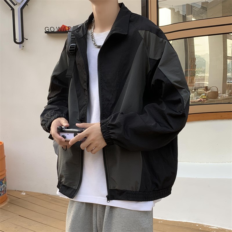 热销日系复古翻领夹克男士秋季韩版潮流拼色休闲外套潮牌百搭运动