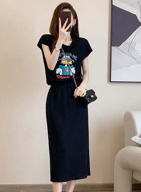 休闲长款收腰显瘦j开叉连衣裙女装夏季2024新款欧货假两件气质裙