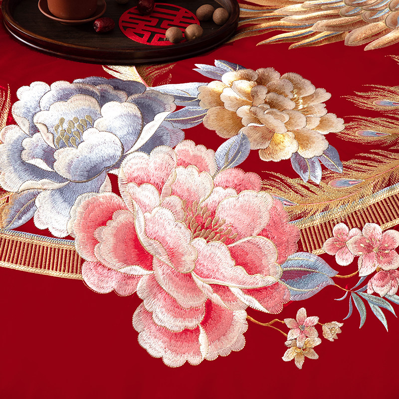 中式婚礼100支婚庆四件套 大红绣花全棉结婚床上用品被套床单,床上用品,婚庆床品套件,淘宝优惠券,粉丝福利购,淘宝优惠卷