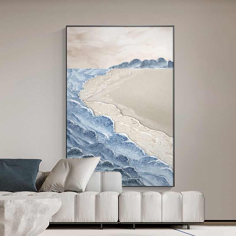 现货侘寂风客厅装饰画肌q理玄关挂画蓝色海景沙发背景墙壁画高档