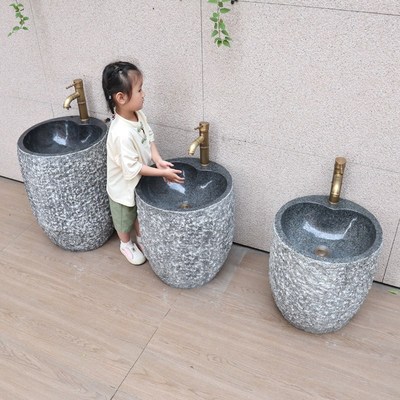 幼儿园石头洗手盆一体式儿童创意户外花园水池台盆天然原石立柱盆