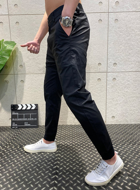 夏季黑色运动休闲裤男士s修身小脚裤薄款九分裤帅气百搭束脚男裤