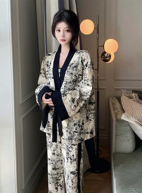水墨画真丝睡衣女春秋款长袖高级感夏天冰丝绸吊T带长裤家居服套