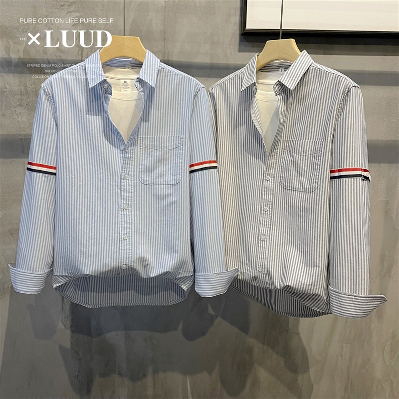 LUUD 条纹设计感长袖衬衫英伦风个性拼接袖子钮扣休闲长袖衬衫男