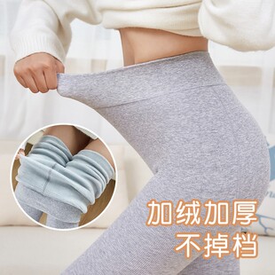 日系秋冬燕麦白加绒加厚打底裤女外穿棉九分保暖竖条纹螺纹连裤袜