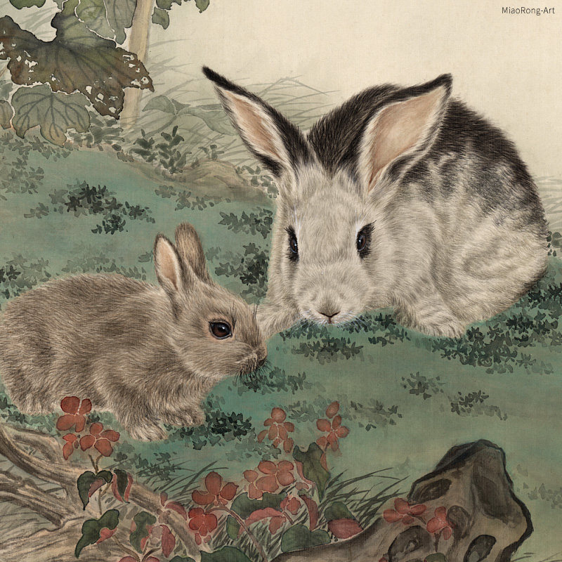 现货双兔图新中h式客厅装饰画走廊过道竖版挂画兔子画背景墙两联