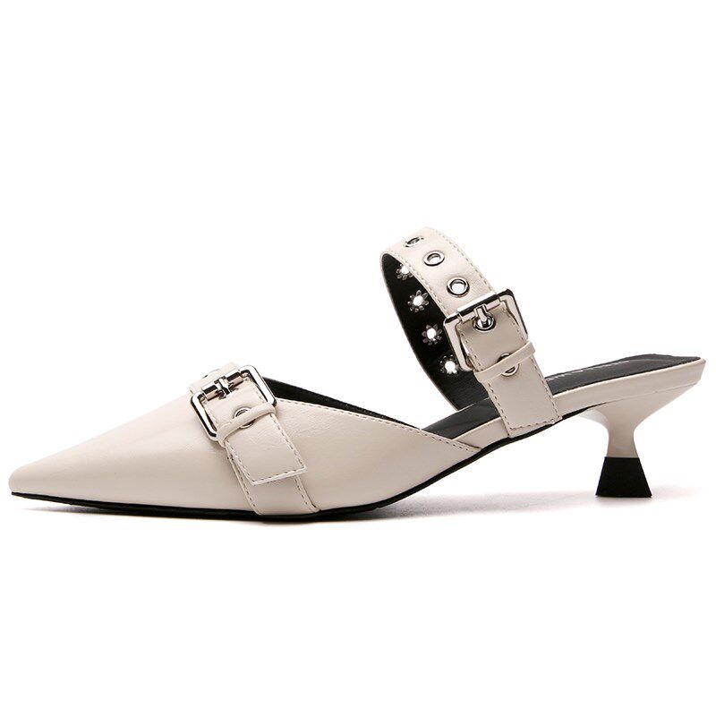 传祺女鞋~尖头细跟单鞋女2024新款夏天超软一字带W包头凉鞋配裙子