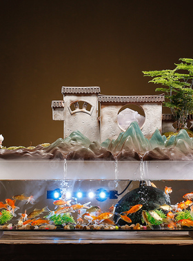 创意假山循环流水摆件喷泉大号玻璃鱼缸I水族灯家居客厅玄关装饰