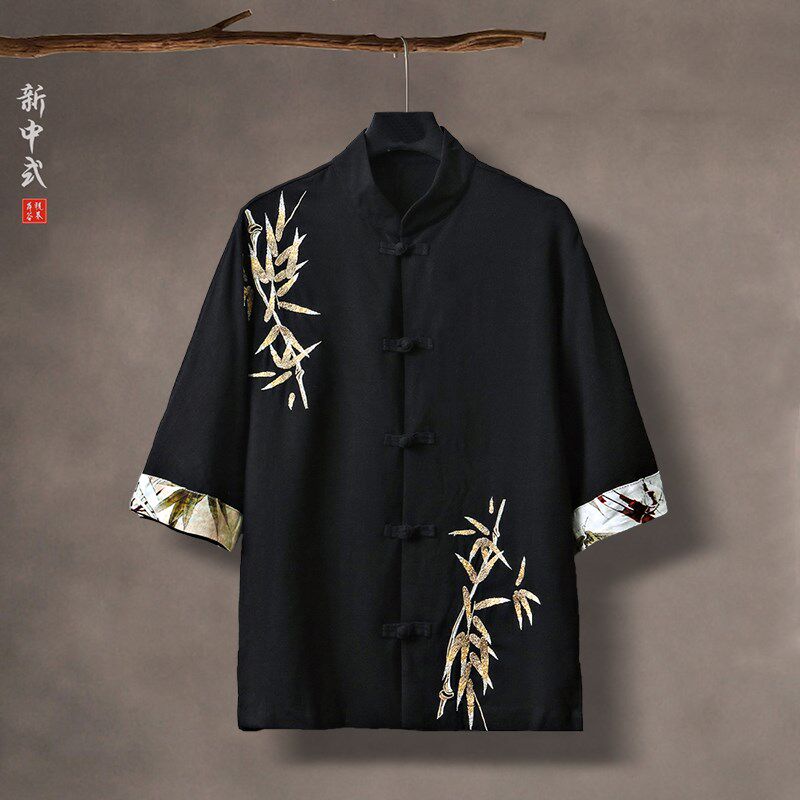 新中式透气亚麻垂感刺绣唐装男衬衫民族风宽松大码盘扣中山装短袖