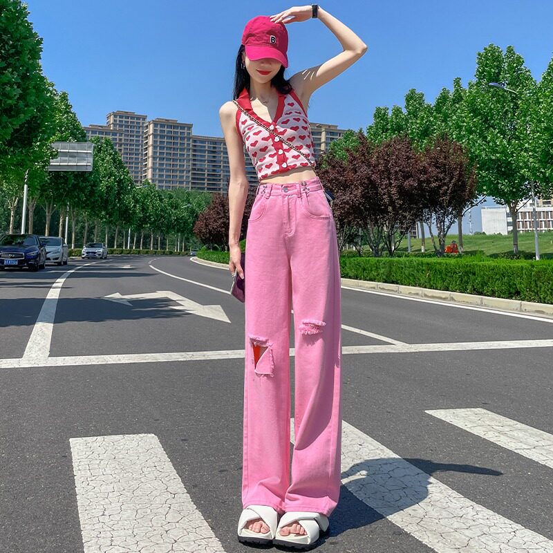 粉色破洞直筒牛仔裤女夏季薄款2023年新款高腰宽松显瘦拖地阔腿裤