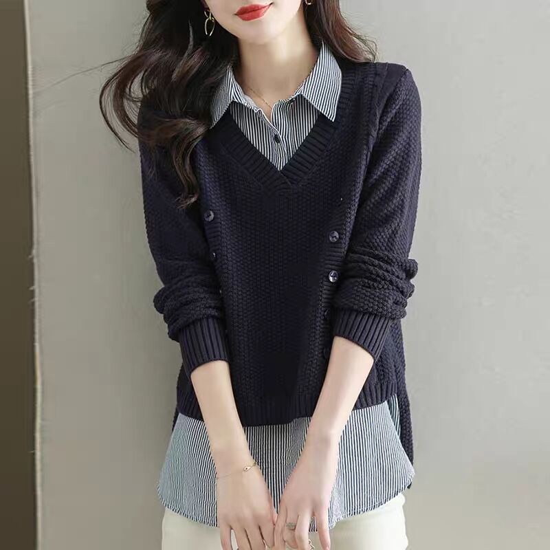 哺乳上衣假两件针织秋冬装打底衬衫衫领毛衣产后哺V乳衣外出辣妈