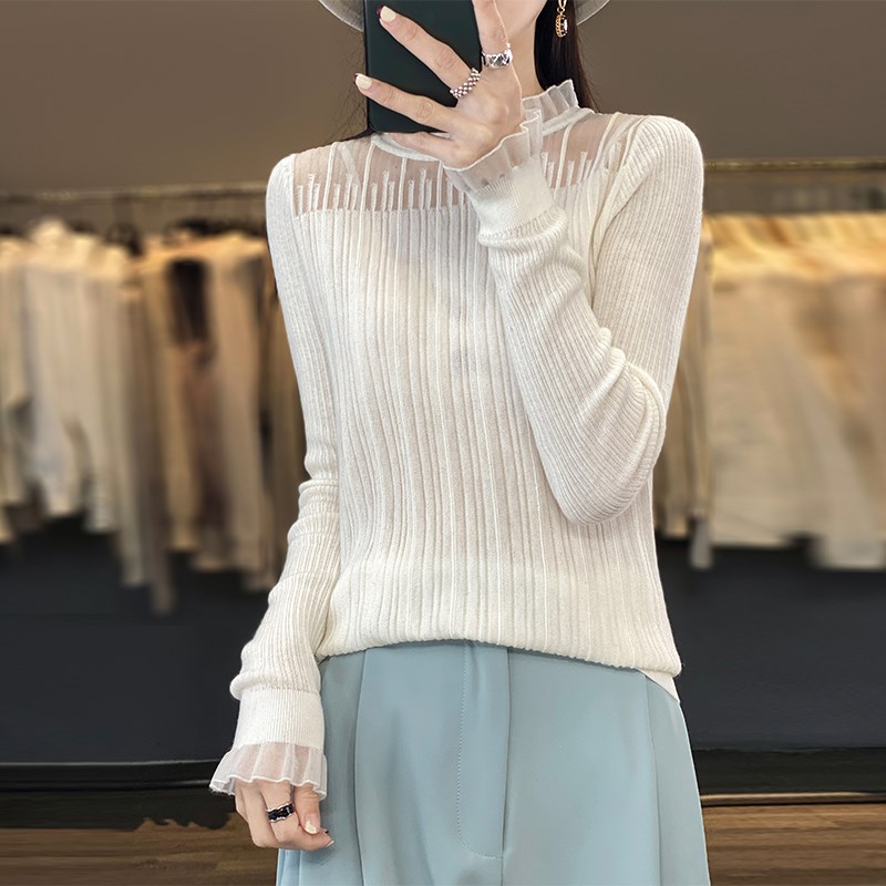 气质蕾丝边立领女款套头针织上衣23春季上新设计感抽条纯色羊绒衫图片