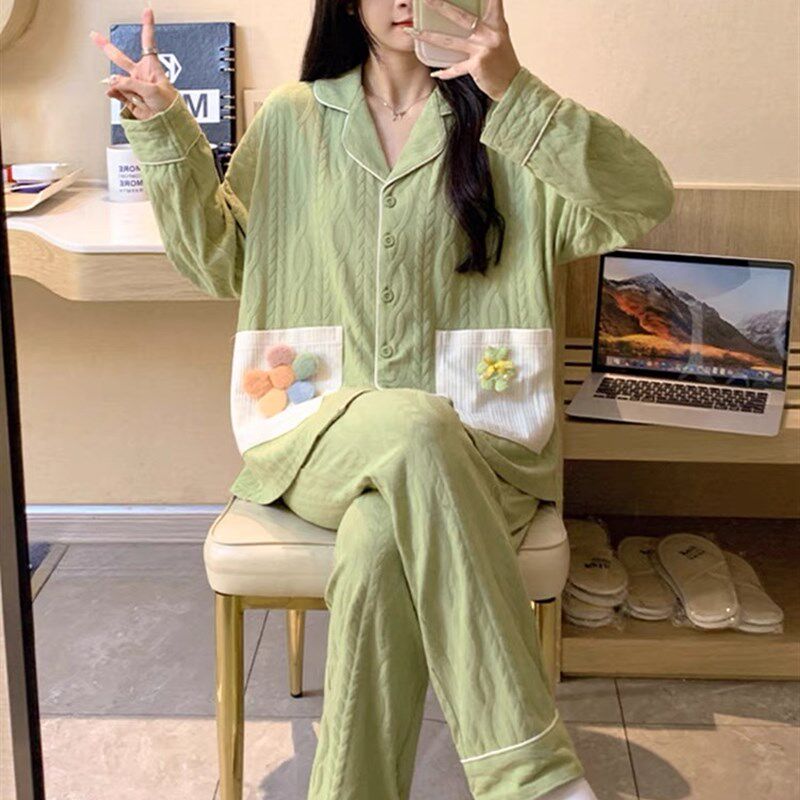 睡衣女夏季开衫长袖长裤套装夏天女士2024新款卡通春秋冬款家居服