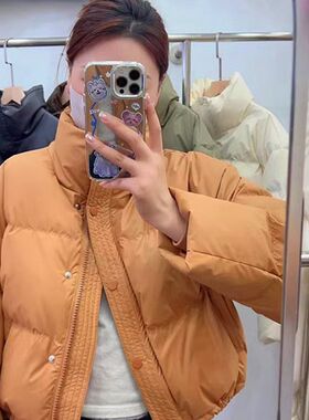 反季免洗PU皮羽绒服女短装u2023新款冬季加厚立领面包服小个子外
