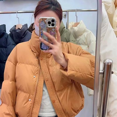 反季免洗PU皮羽绒服女短装u2023新款冬季加厚立领面包服小个子外