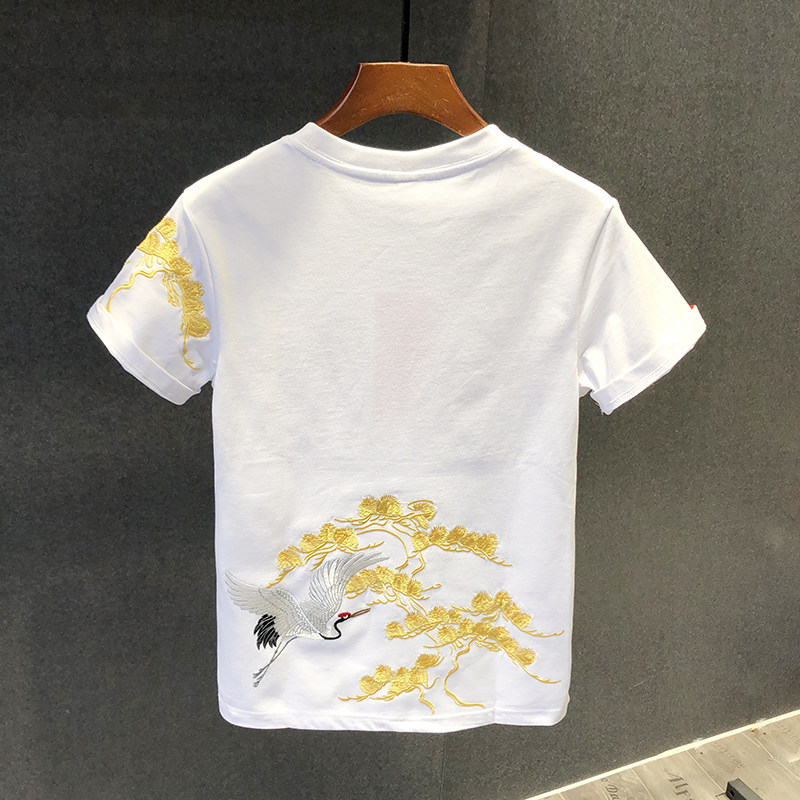 Home Daily~国潮!中国风~白鹤刺绣男士休闲夏季纯棉圆领短袖