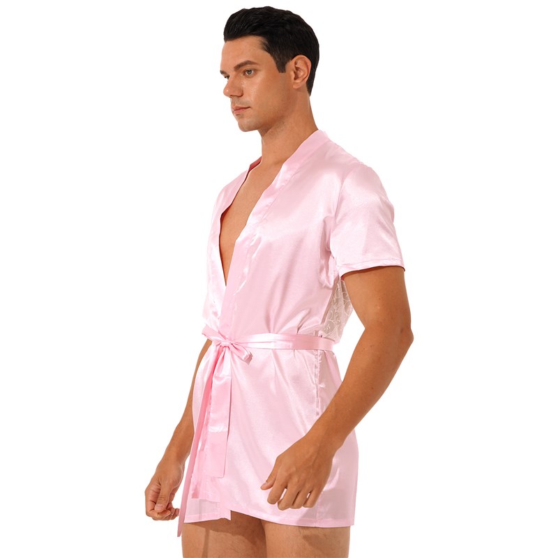 速发Men Sissy Satin Lace Kimono Night-Robe Nightwear See-Thr