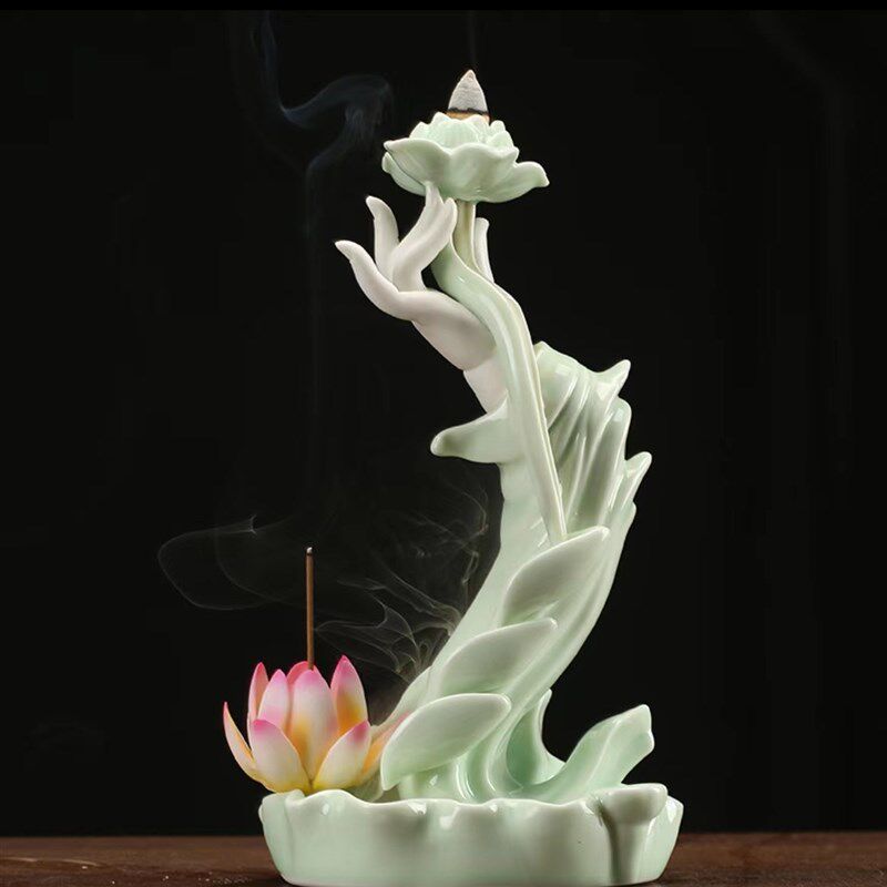新中式紫砂倒流香炉家居创v意佛手莲花禅意摆件陶瓷香台香薰炉