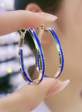 蓝色大圈圈耳环202o2年新款潮耳扣耳饰气质时尚夸张小众设计感耳