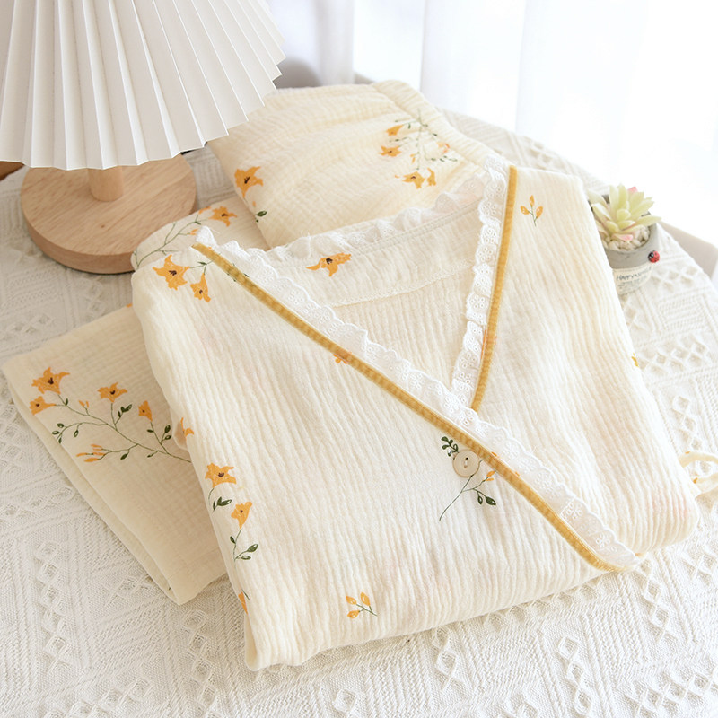 日式和服睡衣女水洗纱布春秋夏季长袖纽扣蕾丝花边汗蒸家居服
