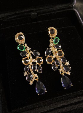 抖音直播优e雅奢华多彩紫色耳环长款宴会礼服气质耳坠耳钉耳饰品