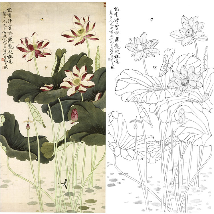 工笔画蜓描底稿于非n闇红荷花蜻白印线实物打勾稿尺寸可选YF72 家居饰品 国画 原图主图