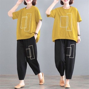 女装 洋气宽松遮肚子休闲套装 2024新款 女中老年妈妈装 胖mm夏装 大码