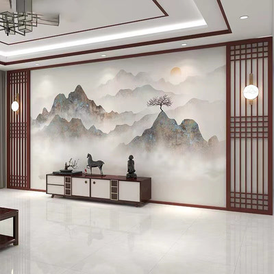 新中式水墨山水卧室护墙板客厅沙发扣板竹木纤维电视背景集成墙板