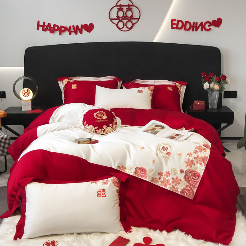 新中式100支婚j庆四件组大红色刺绣被套新婚全棉简约结婚牀上用品,床上用品,婚庆床品套件,淘宝优惠券,粉丝福利购,淘宝优惠卷