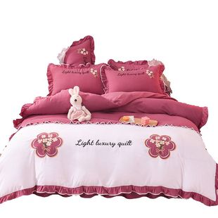 网红全棉四件套床裙式床单被套公主风刺绣床上被罩厚床笠少女