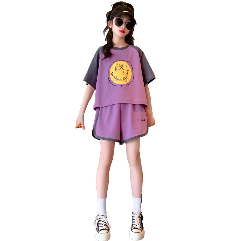 现货女童夏季套装2023新款女大童女装网红时髦洋气U儿童运动短裤
