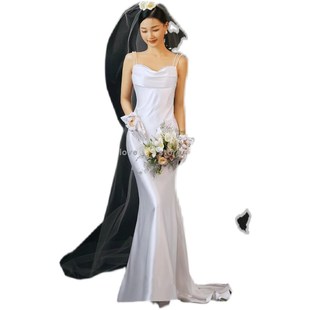 2023新款头纱长款拖地拖尾3米大头纱单层硬纱简约素纱抓纱造型白