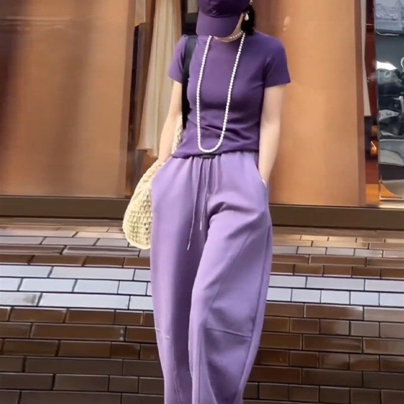 紫色百搭气质遮肉套头T恤小衫女春季新款休闲显瘦阔腿裤两件套装,女装/女士精品,时尚套装,淘宝优惠券,粉丝福利购,淘宝优惠卷