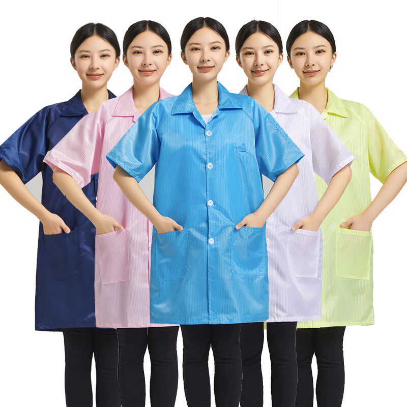 热销防静电服无尘服短袖工作服蓝色粉白色大褂女短款上衣男电子厂