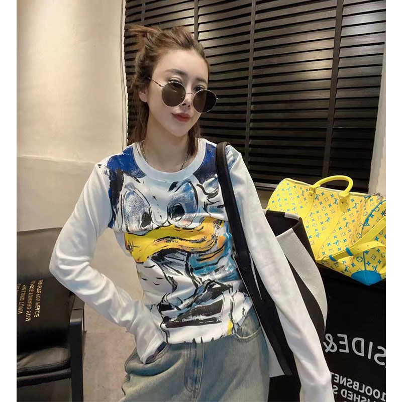 黑色圆领长袖T恤女秋季欧货时尚洋气设计R感涂鸦打底衫上衣